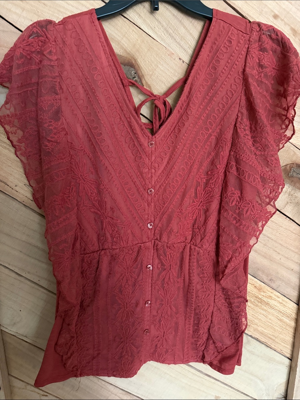 Lace-Detail V-Neck Women's Top in Rusty color